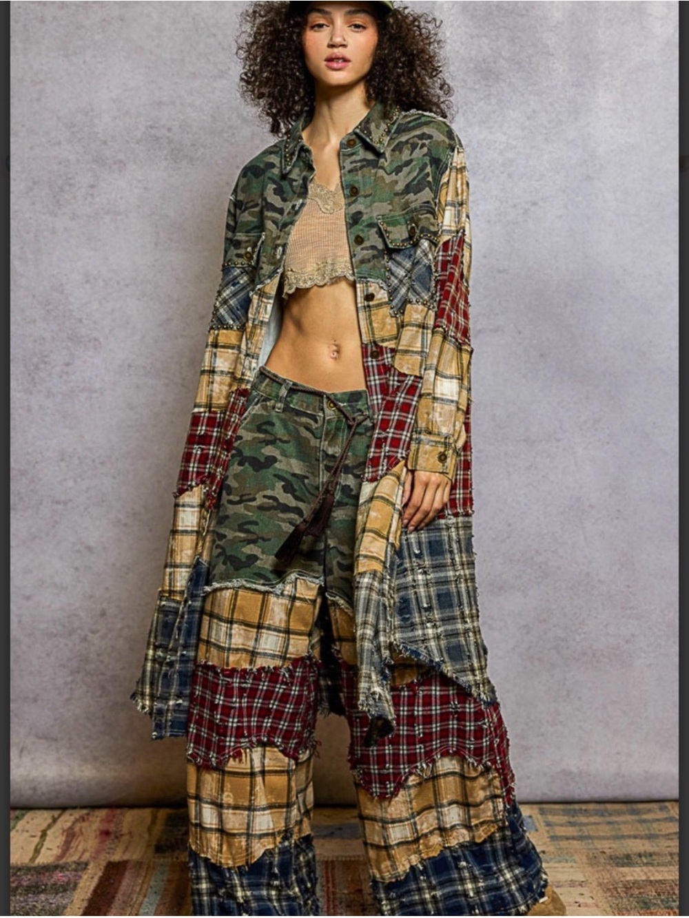 POL Patchwork Plaid & Camo Wide Leg Pants and Midi Duster Set